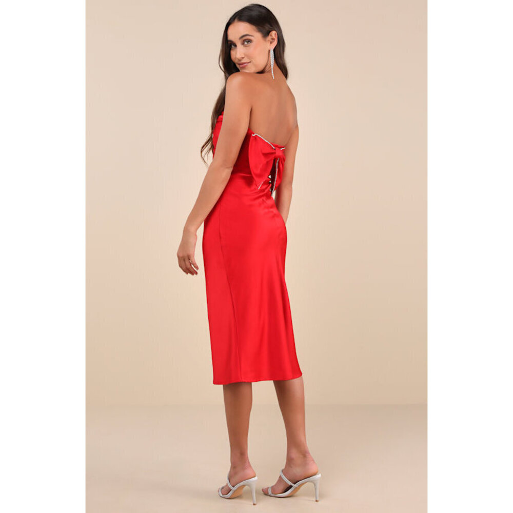 Lulus Luxe Crush Red Satin Rhinestone Bow Strapless Midi Dress - Size S
